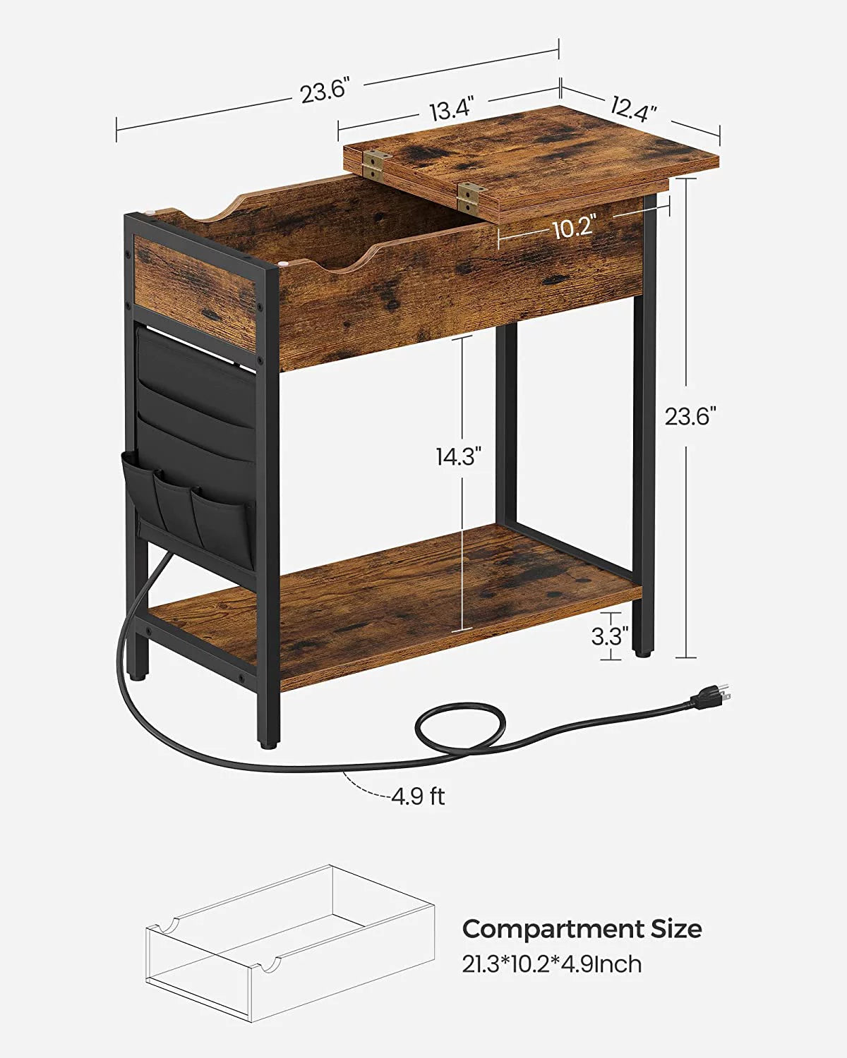 End Table with Charging Station and USB Ports Rustic Brown Black Y344