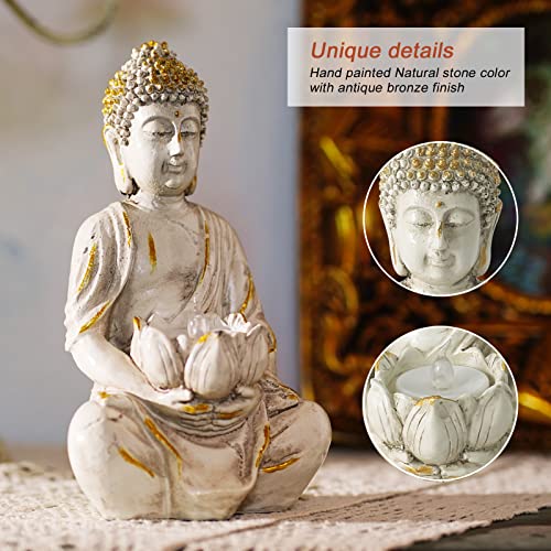 White Gold 8" Buddha Statue with LED Tea Lights Candle Holder S935