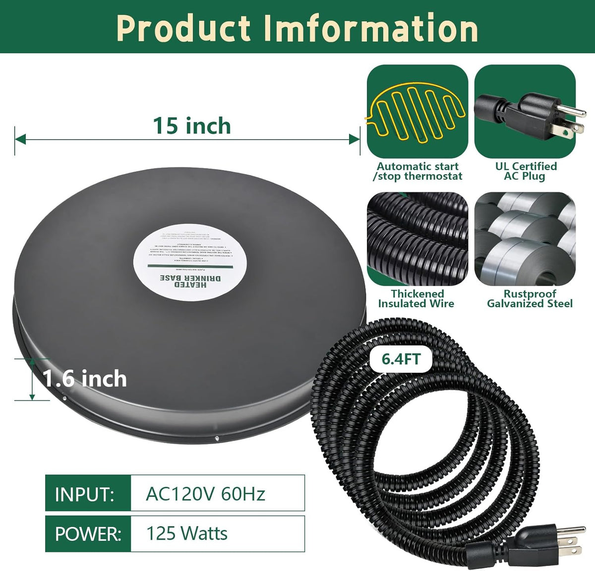 15IN 125W Heated Chicken Waterer Base with Thermostat G69153