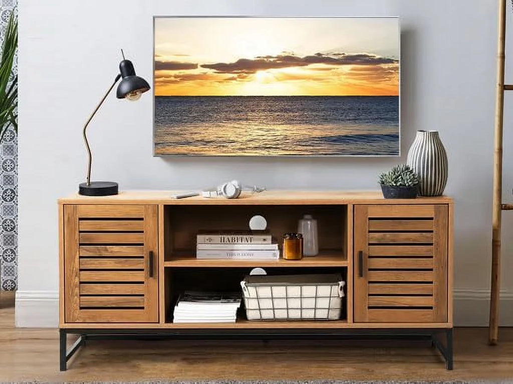 Mid-Century TV Console up to 55 Inch with Slatted Wood Doors N9401