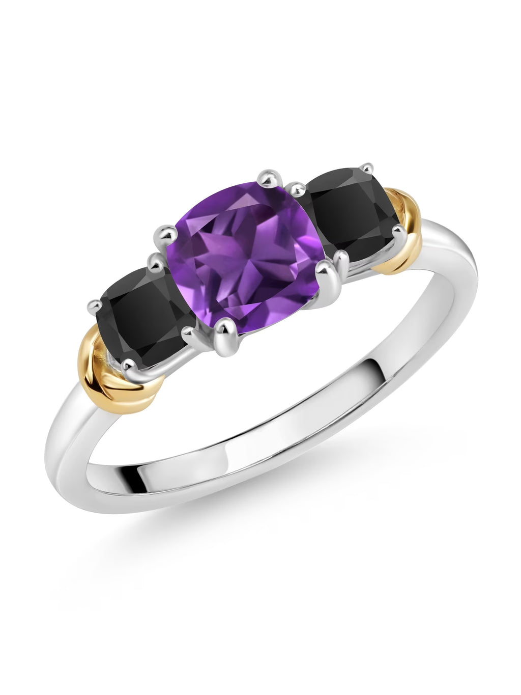 925 Sterling Silver 10K Yellow Gold Purple Amethyst Black Onyx 3 Stone Engagement Ring F612