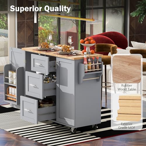 Black Kitchen Cart with Wood Drop-Leaf Countertop, 2 Drawers, Adjustable Shelf P1827