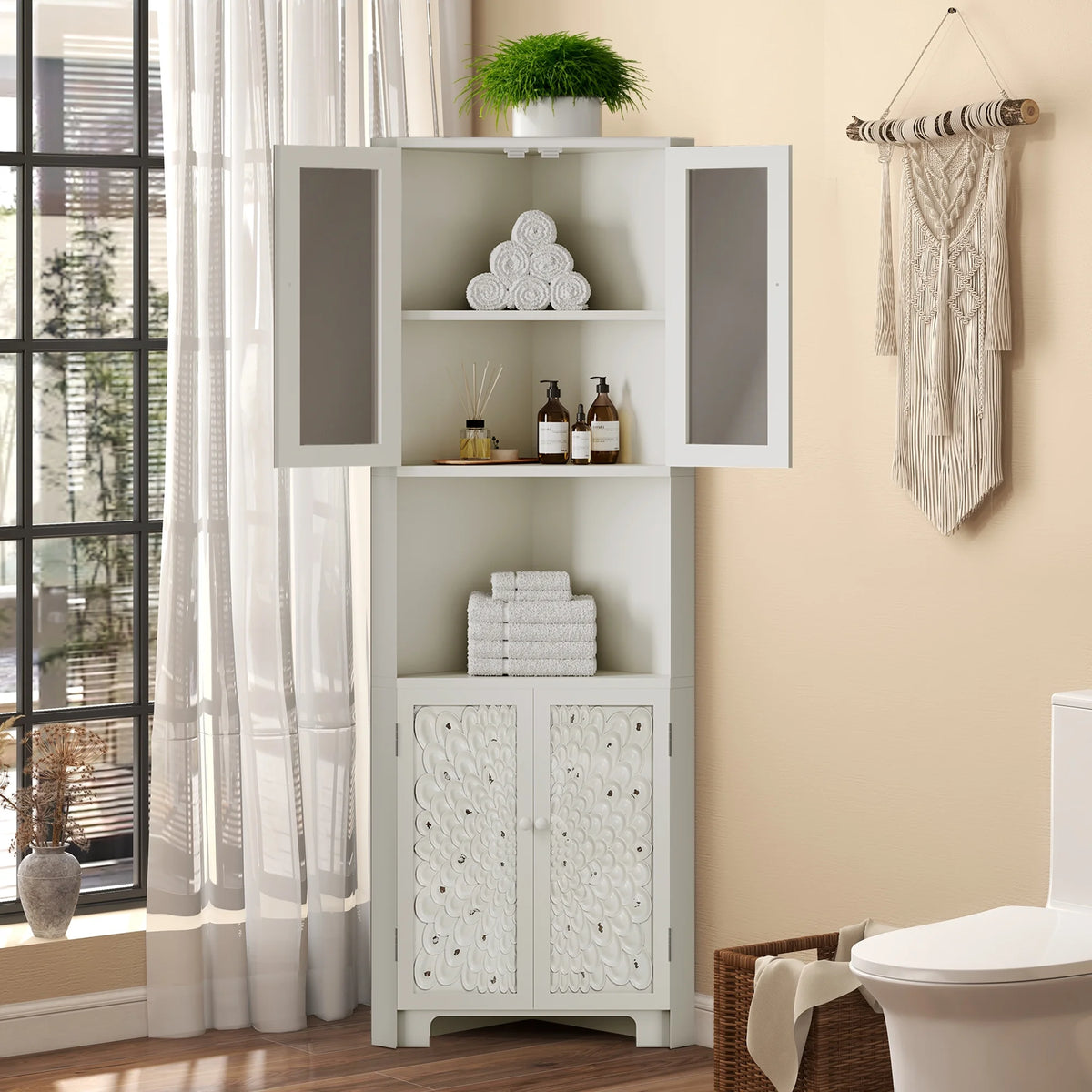 White 4 Door Tall Corner Storage Cabinet F89801