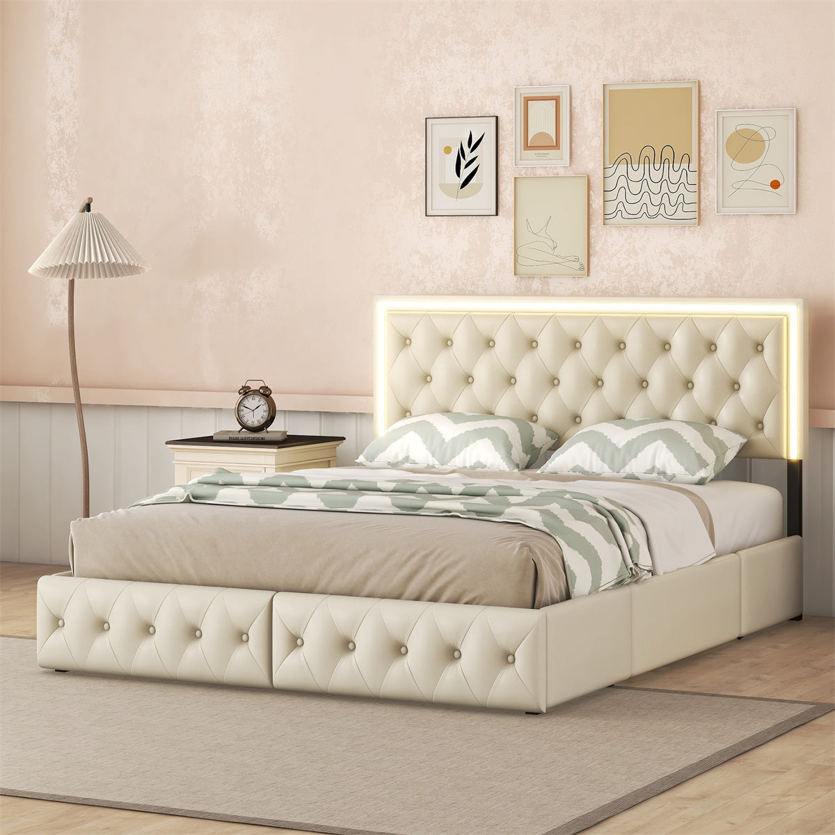 Beige Queen Upholstered Bed Frame with 4 Storage Drawers R292241