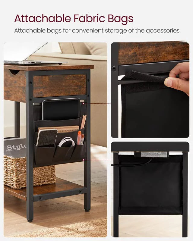 End Table with Charging Station and USB Ports Rustic Brown Black Y344