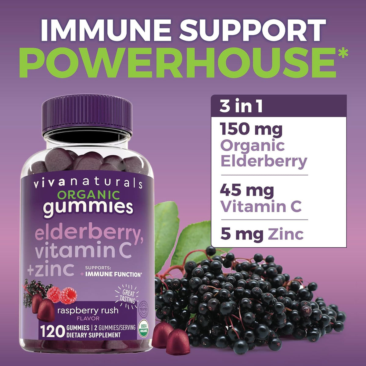 Organic Sambucus Elderberry Gummies with Zinc and Vitamin C (120 Count) M5018
