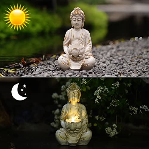 White Gold 8" Buddha Statue with LED Tea Lights Candle Holder S935