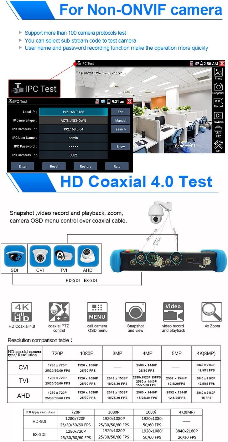 7'' IPS Touch Screen WiFi 4K H.265 HDMI 8MP CVI TVI AHD SDI CVBS Camera Tester O99048