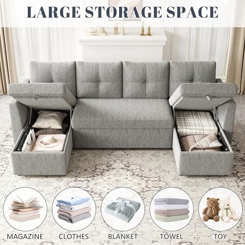 Oversized 110 inch 2 in 1 Pullout Sleeper Sofa Couch with Double Storage Chaise, Dark Grey V397313