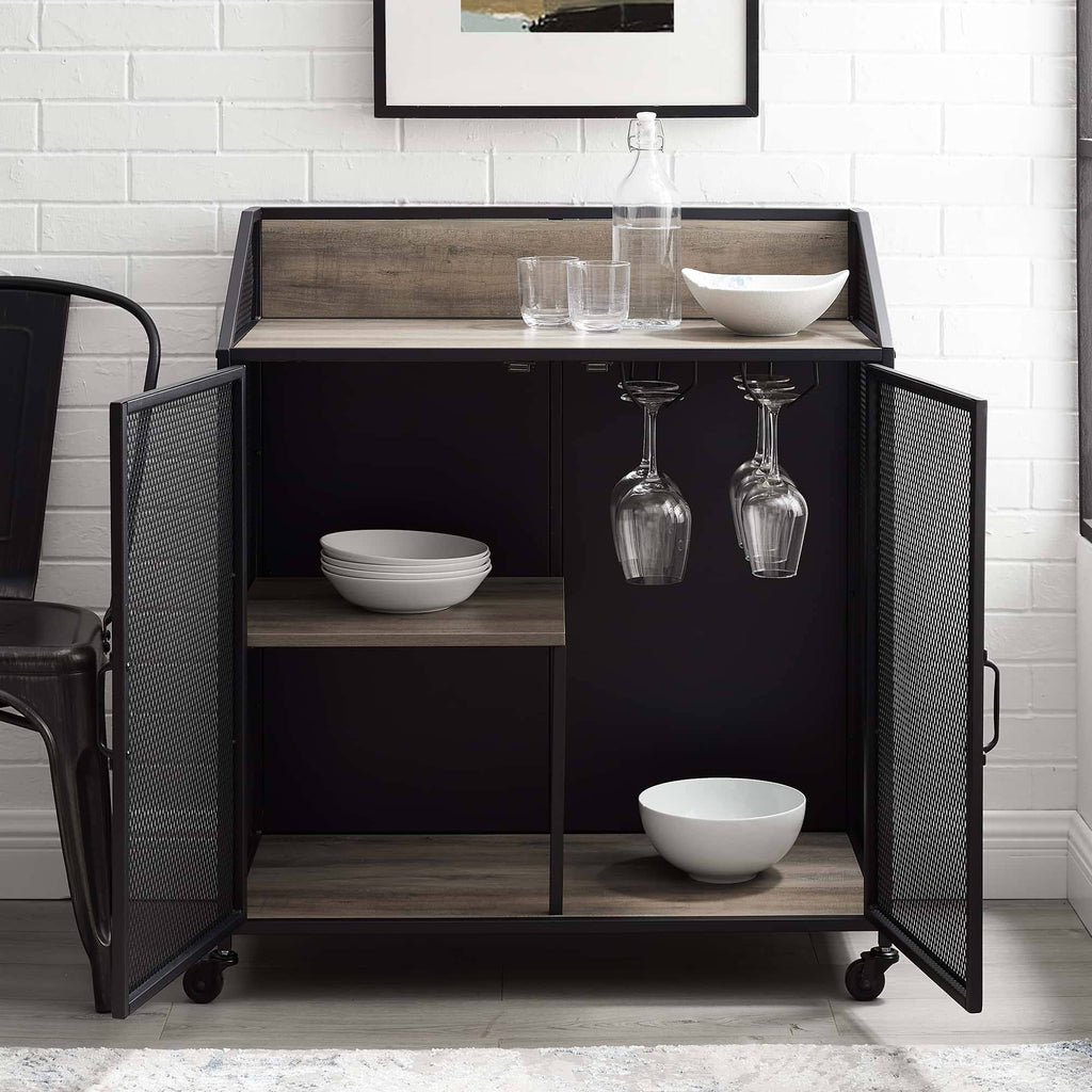 33 inch Grey Wash Bar Cabinet with Metal Mesh F25571
