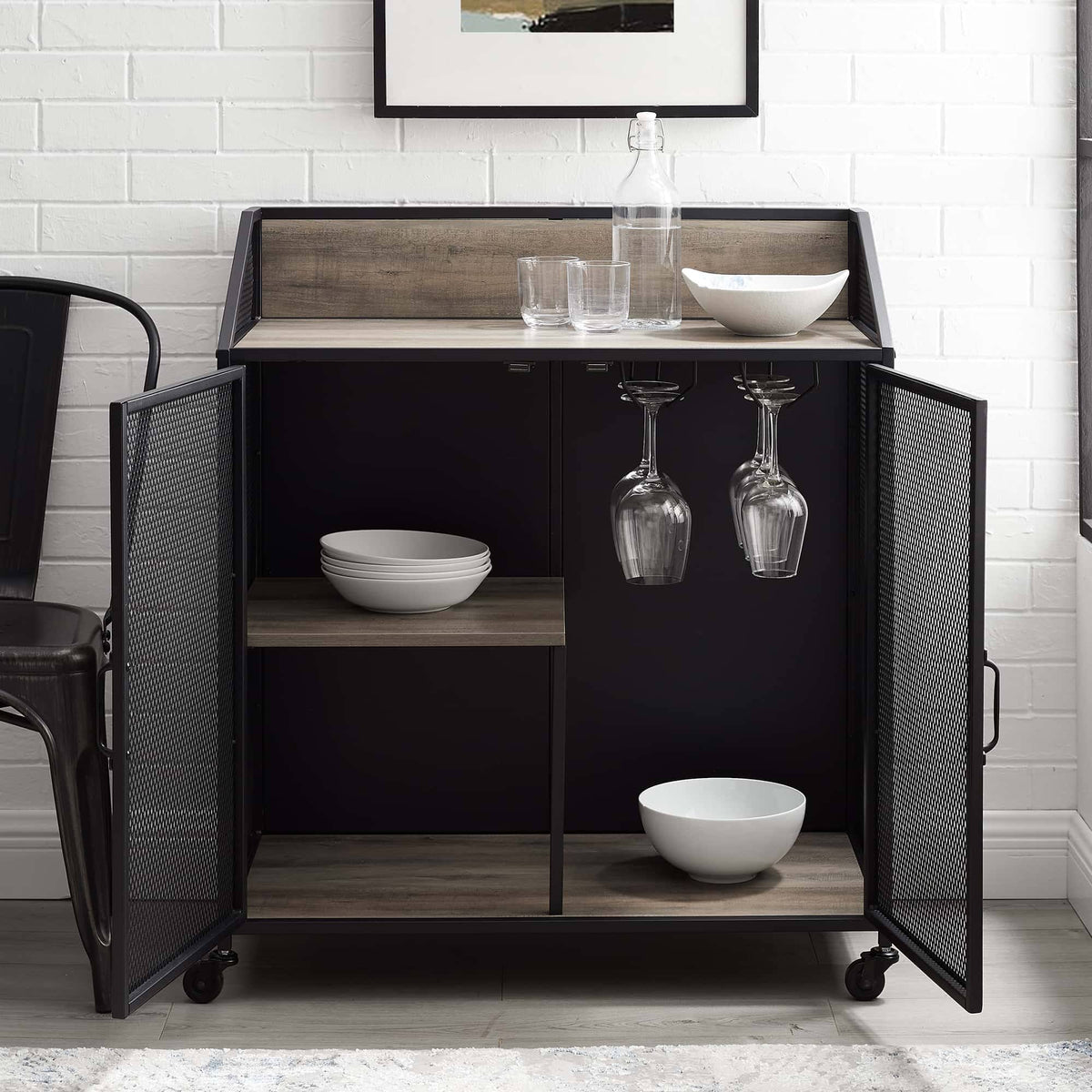 33 inch Grey Wash Bar Cabinet with Metal Mesh F25571