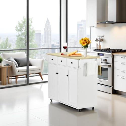 White Mobile Kitchen Island Cart with Drop Leaf W14895