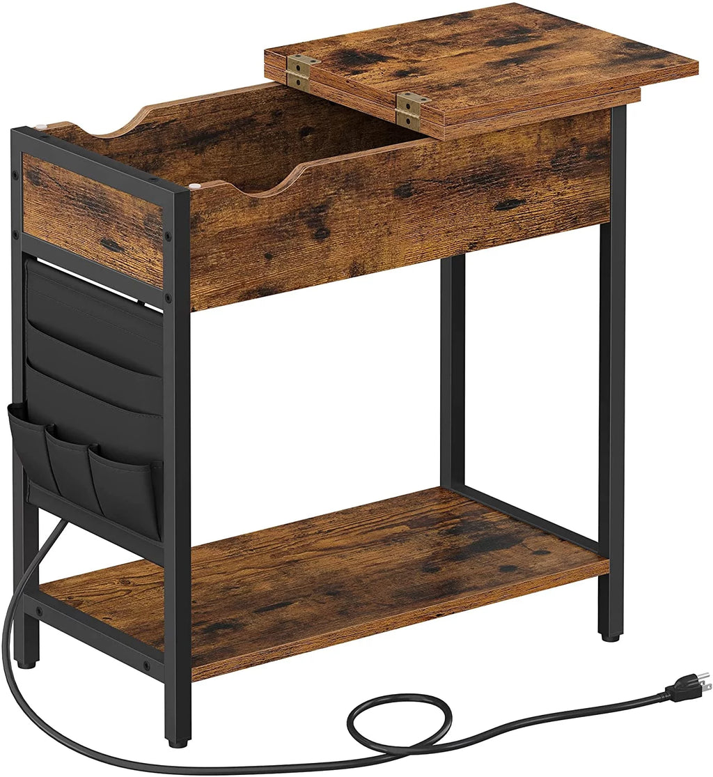 End Table with Charging Station and USB Ports Rustic Brown Black Y344