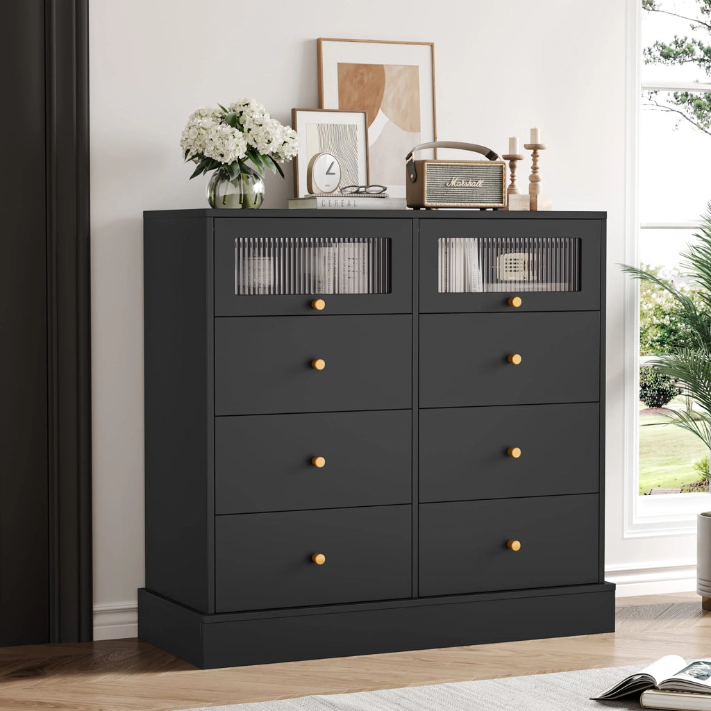 White 8 Drawer Wood Dresser with 2 Glass Doors U582