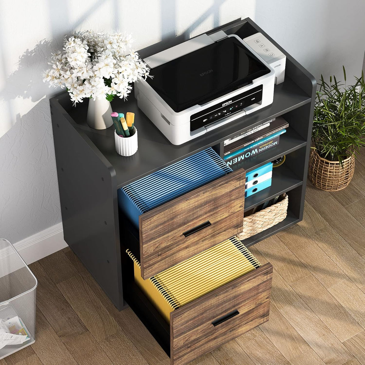 2-Drawer Mobile File Cabinet with 3 Open Shelves A56417