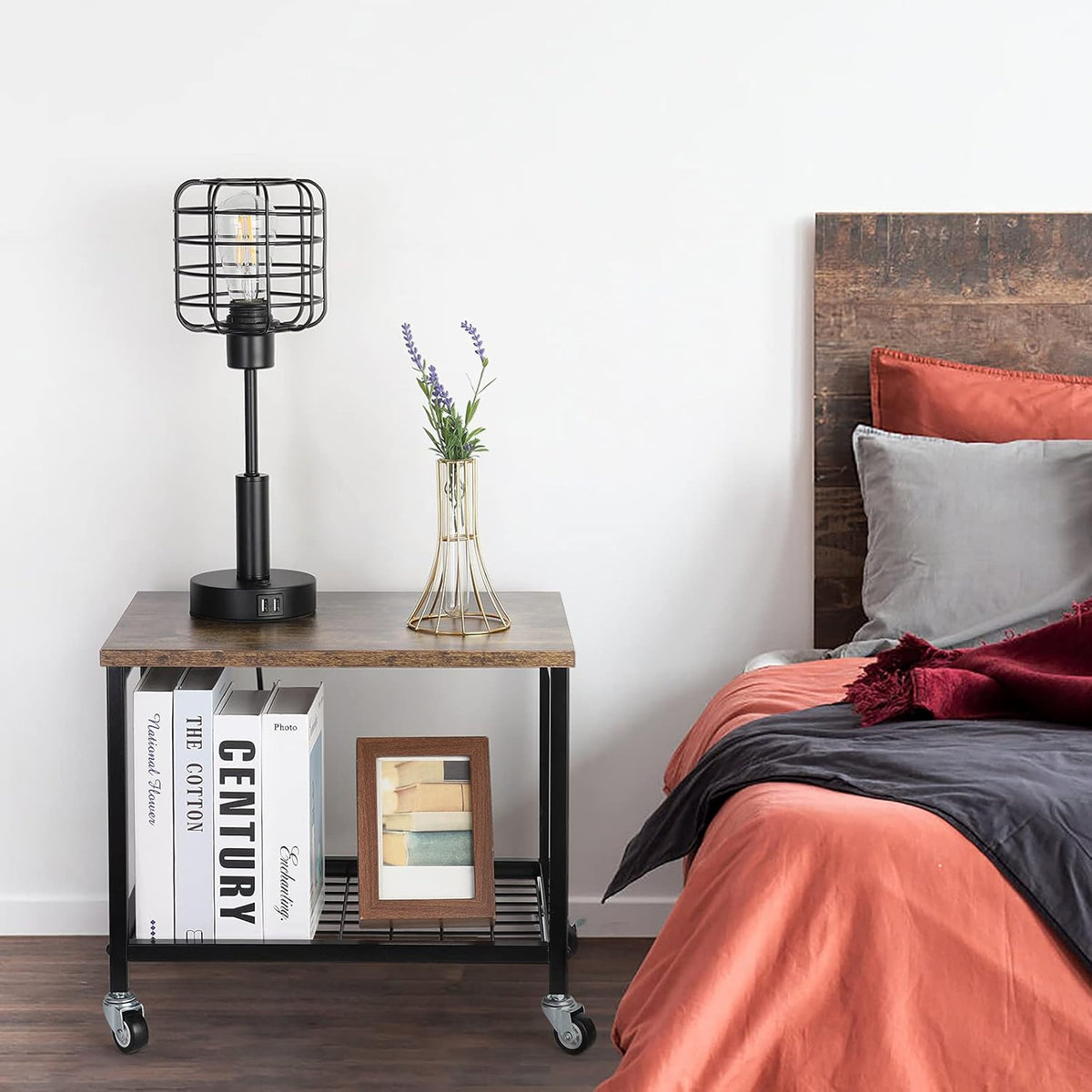 Rustic Brown and Black 2 Tier Printer Stand with Lockable Casters J2291