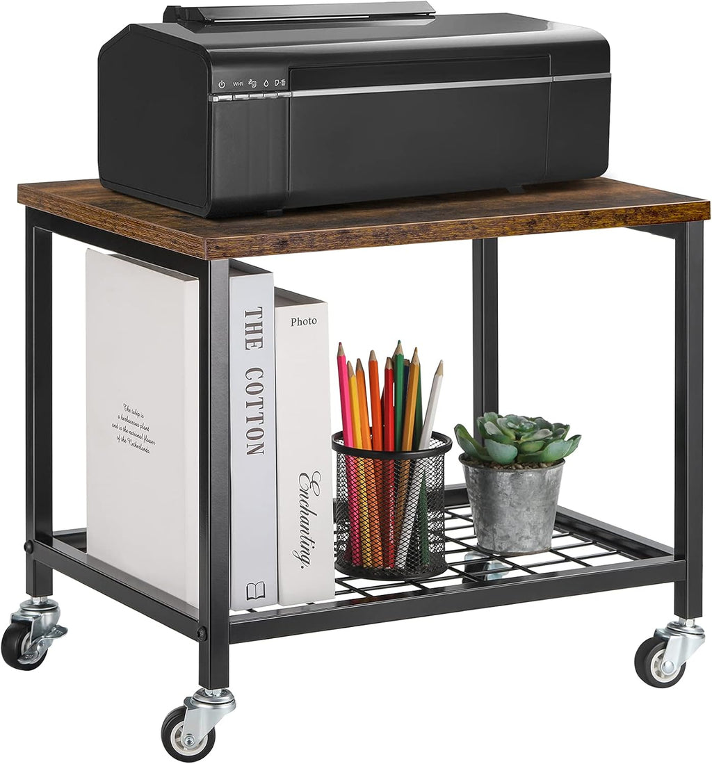 Rustic Brown and Black 2 Tier Printer Stand with Lockable Casters J2291