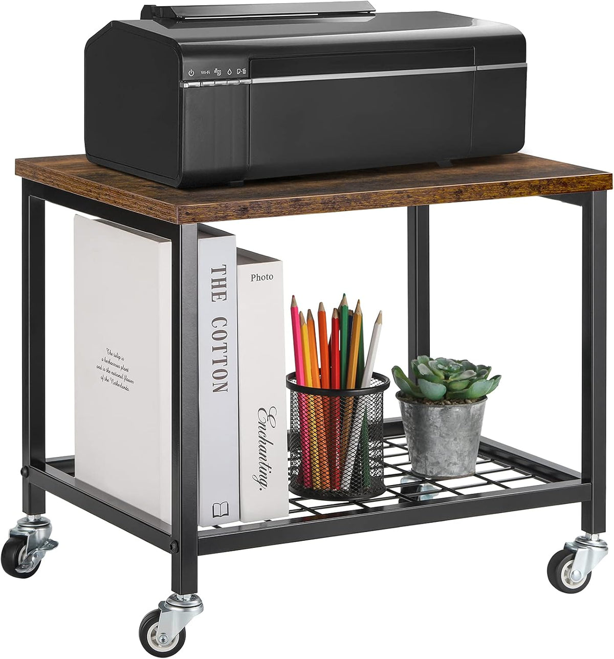 Rustic Brown and Black 2 Tier Printer Stand with Lockable Casters J2291