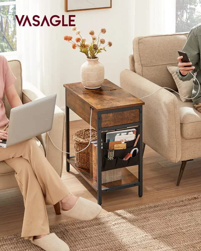 End Table with Charging Station and USB Ports Rustic Brown Black Y344