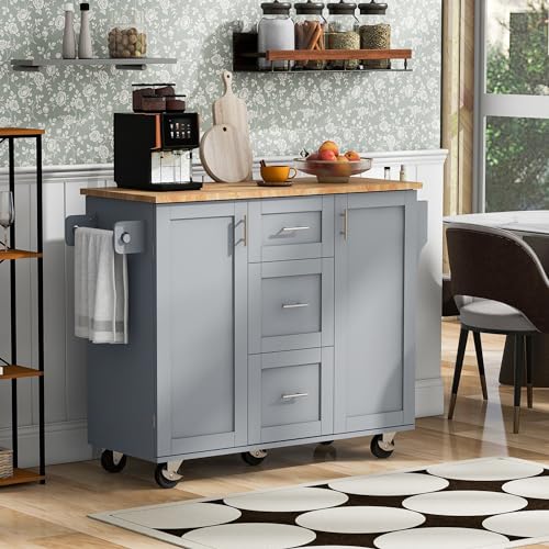 Black Kitchen Cart with Wood Drop-Leaf Countertop, 2 Drawers, Adjustable Shelf P1827