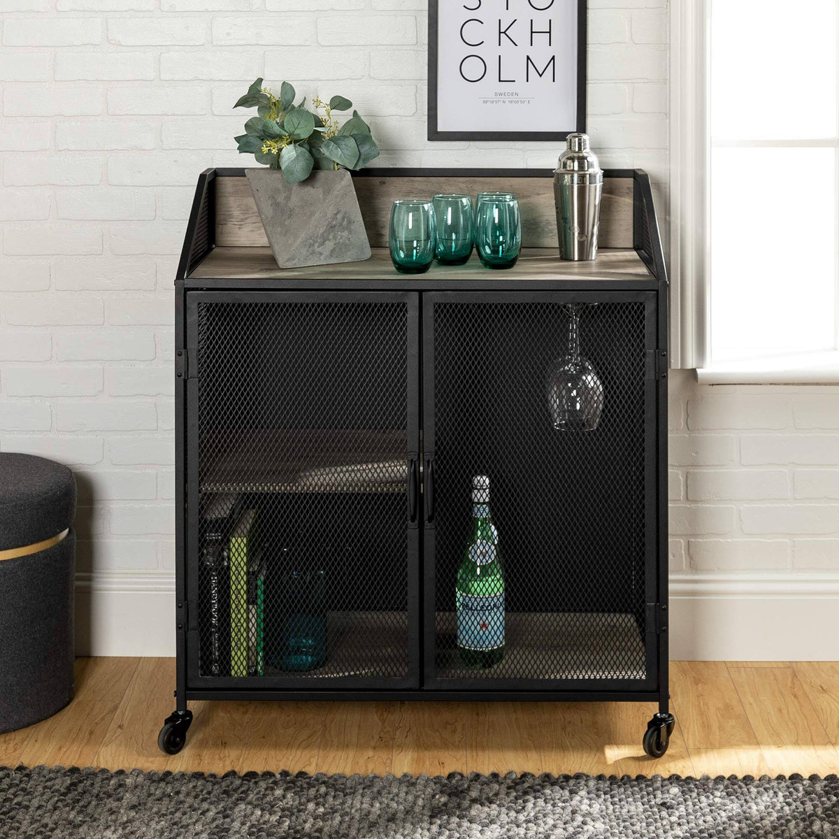 33 inch Grey Wash Bar Cabinet with Metal Mesh F25571
