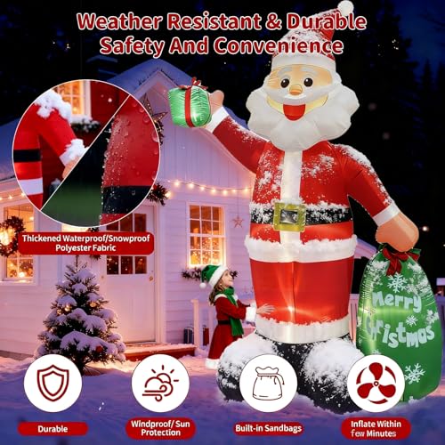 12FT Giant Christmas Inflatable Santa Claus with LED Lights and Gift Bag T6775