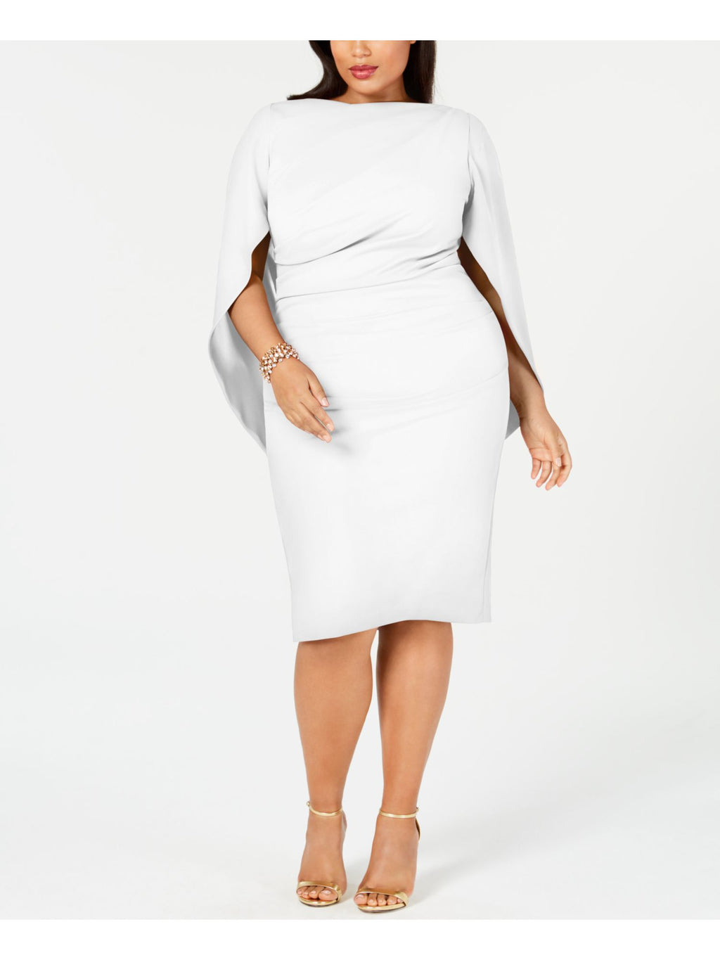White Zippered Ruched Cape Sleeves V-back Round Neck Above The Knee Party Sheath Dress Plus 14W N680