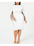 White Zippered Ruched Cape Sleeves V-back Round Neck Above The Knee Party Sheath Dress Plus 14W N680