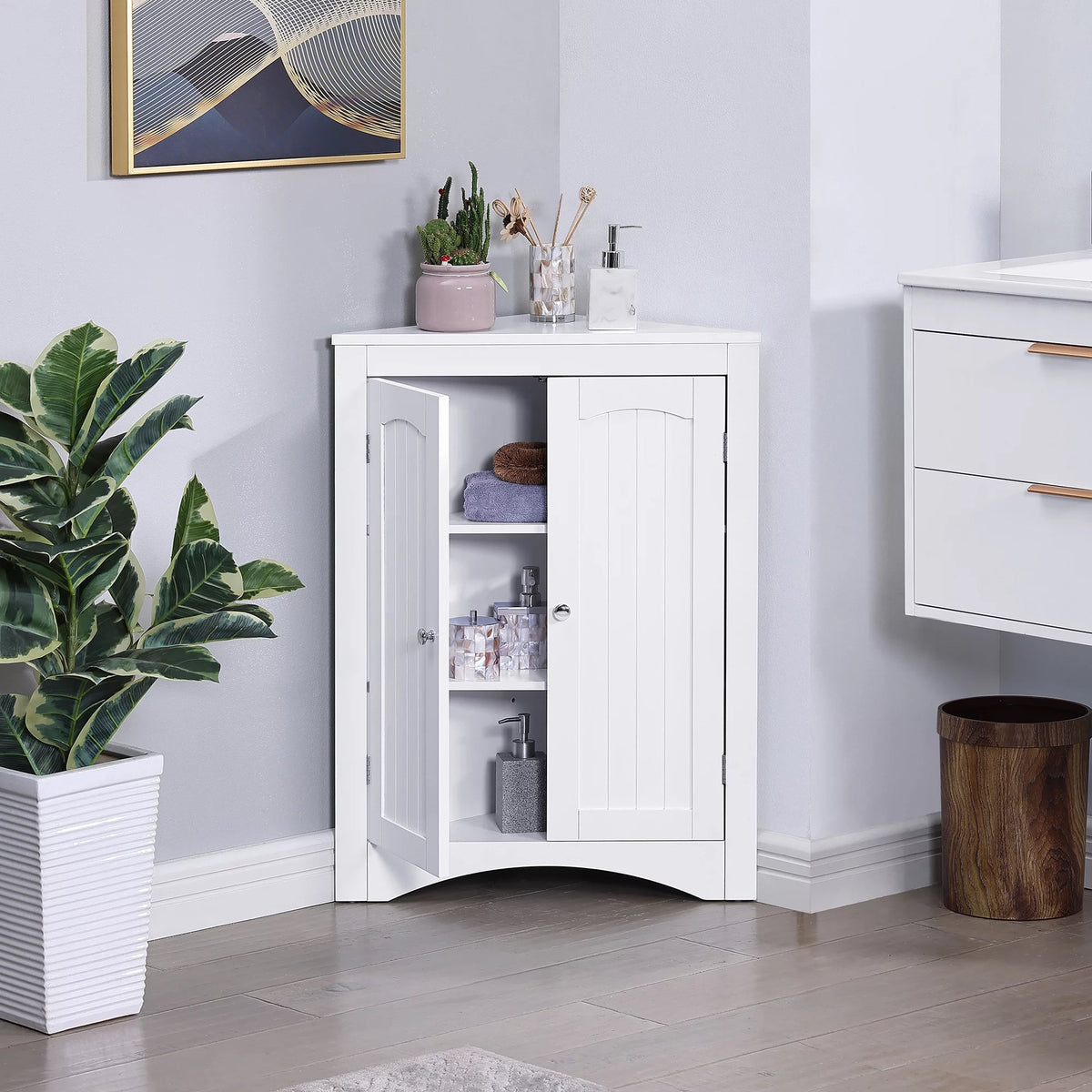 Free Standing Corner Storage Cabinet with Doors and Shelves V672711