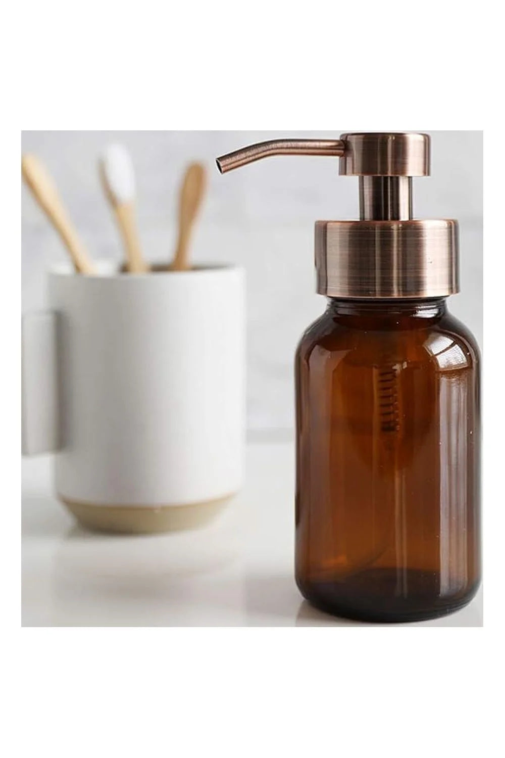 Amber Glass Soap Dispenser Set With Caddy Stand V9924