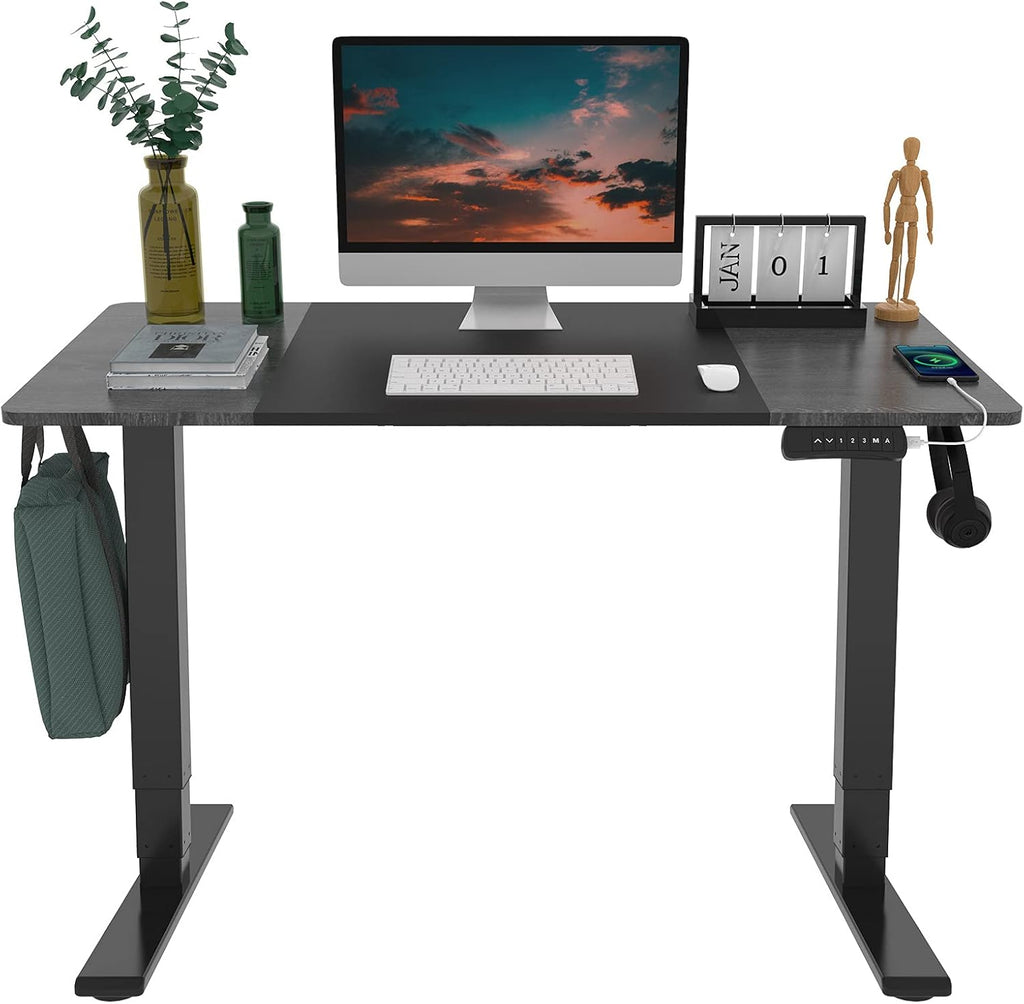 Electric Standing Desk 63"x30" Dual Motor 3 Stages Height Adjustable Desk with USB Charging Port and Hooks, Black Frame & Black/Greystone Top T7995