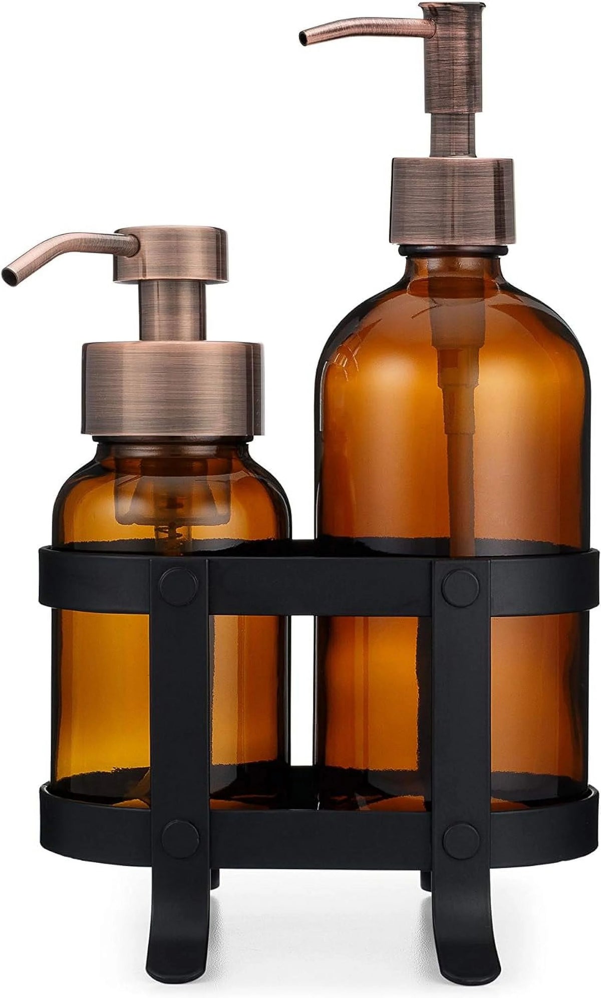 Amber Glass Soap Dispenser Set With Caddy Stand V9924