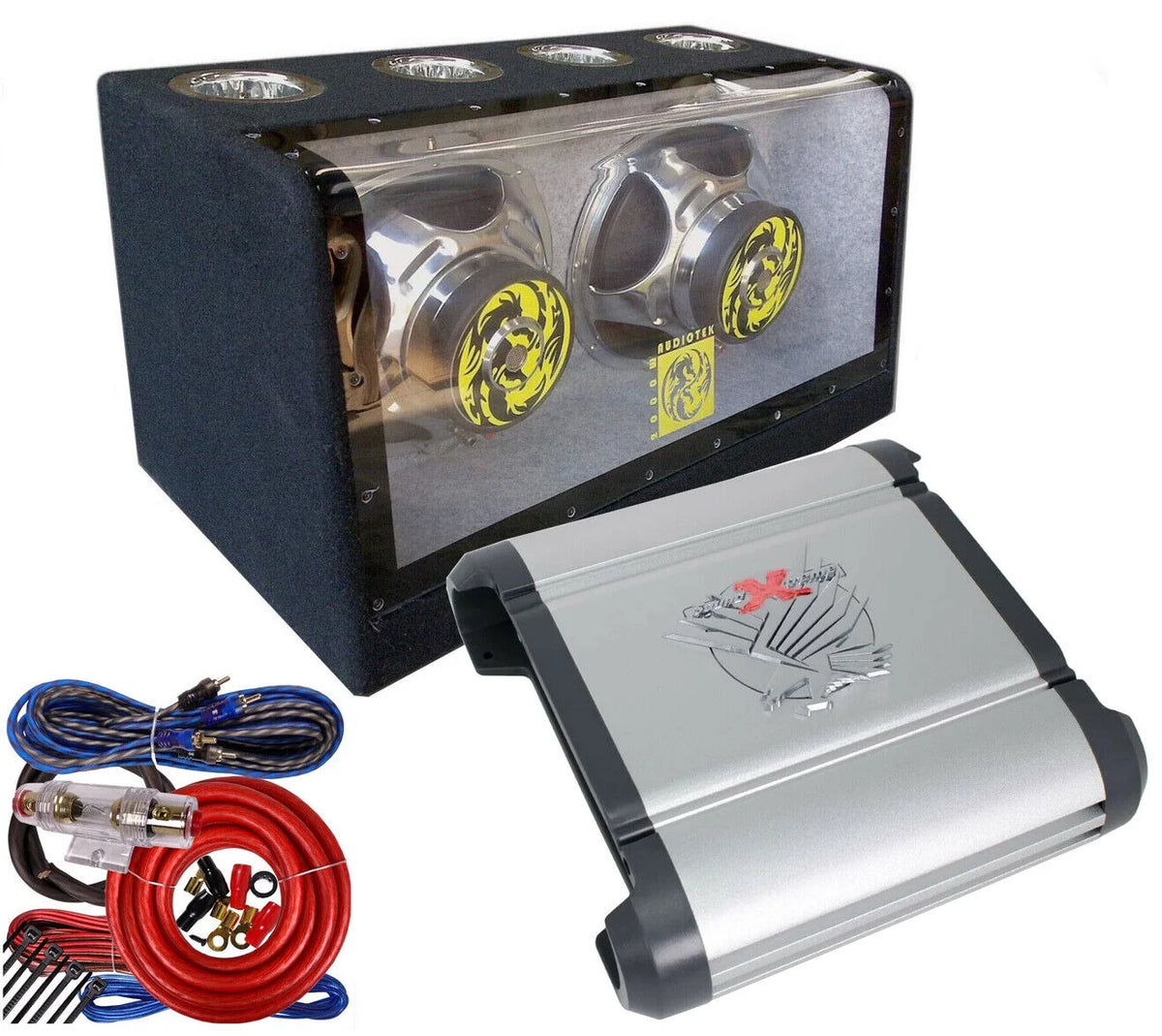 12" 2000W Bandpass Bass Box + Car Audio Amplifier + Kit Bundle U1861