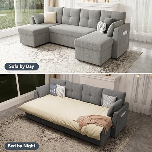Oversized 110 inch 2 in 1 Pullout Sleeper Sofa Couch with Double Storage Chaise, Dark Grey V397313
