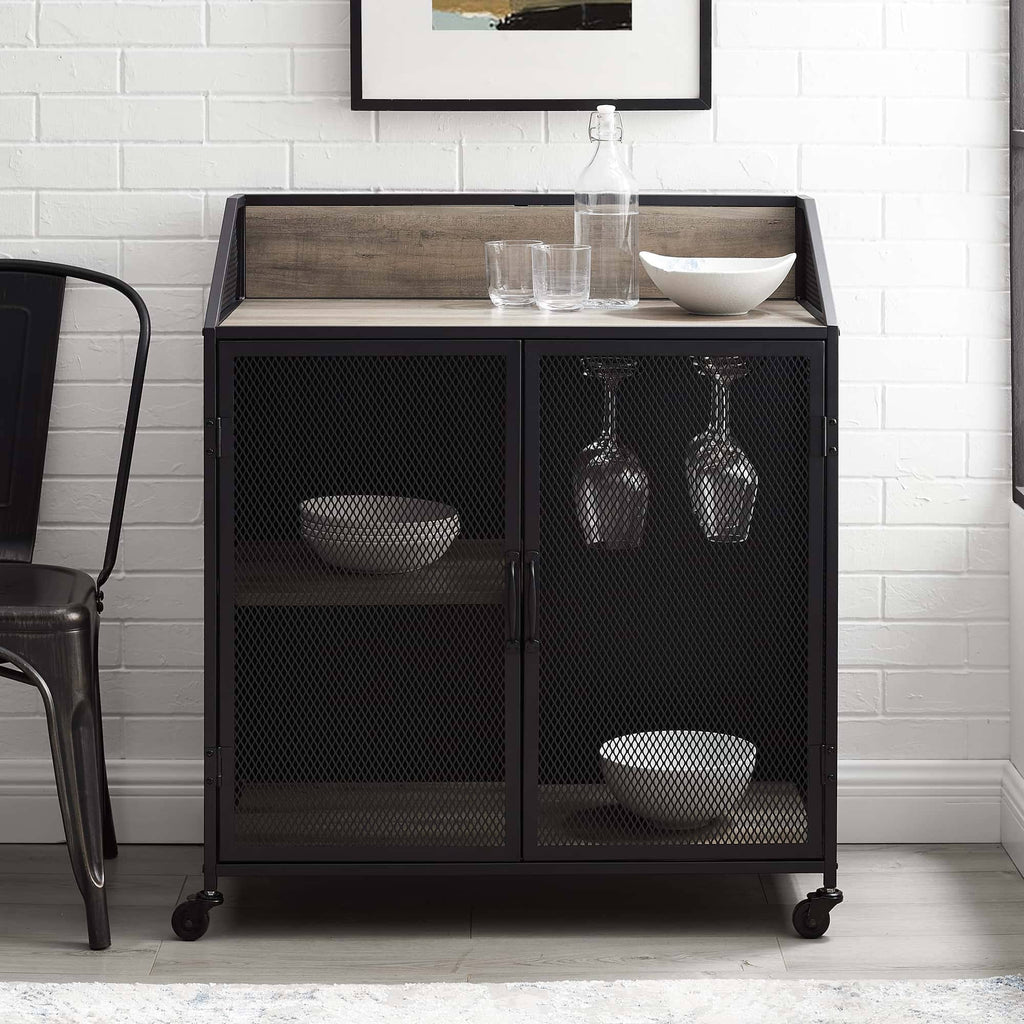 33 inch Grey Wash Bar Cabinet with Metal Mesh F25571