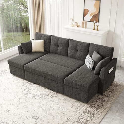 Oversized 110 inch 2 in 1 Pullout Sleeper Sofa Couch with Double Storage Chaise, Dark Grey V397313