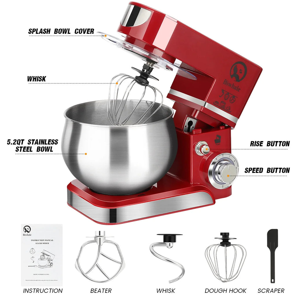 Tilt-Head Stand Mixer 5.2QT 600W 6 Speeds Red S874