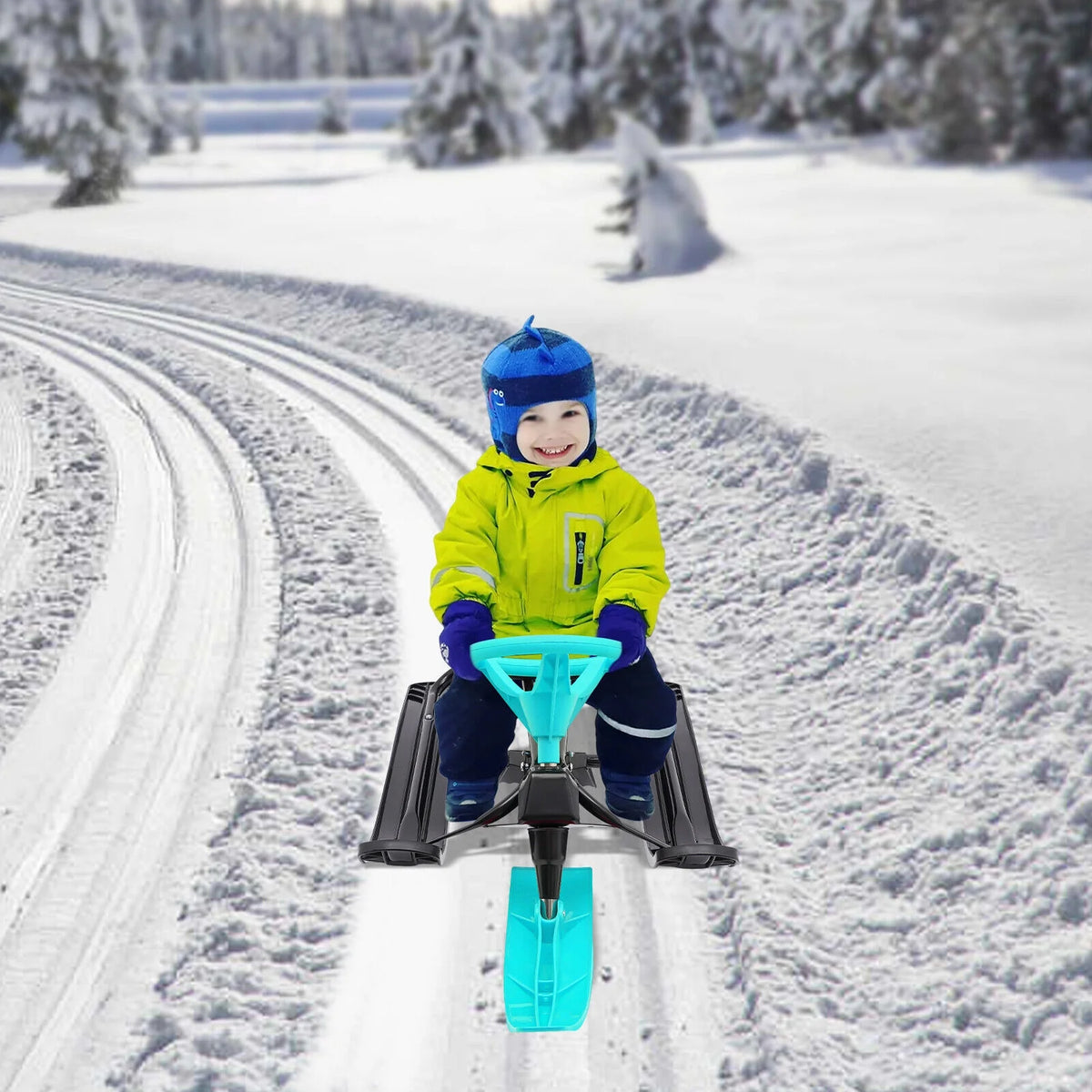 Green Kids Snow Racer Sled Twin Brakes Ski Slider Board 44.88*19.69*15in T775716