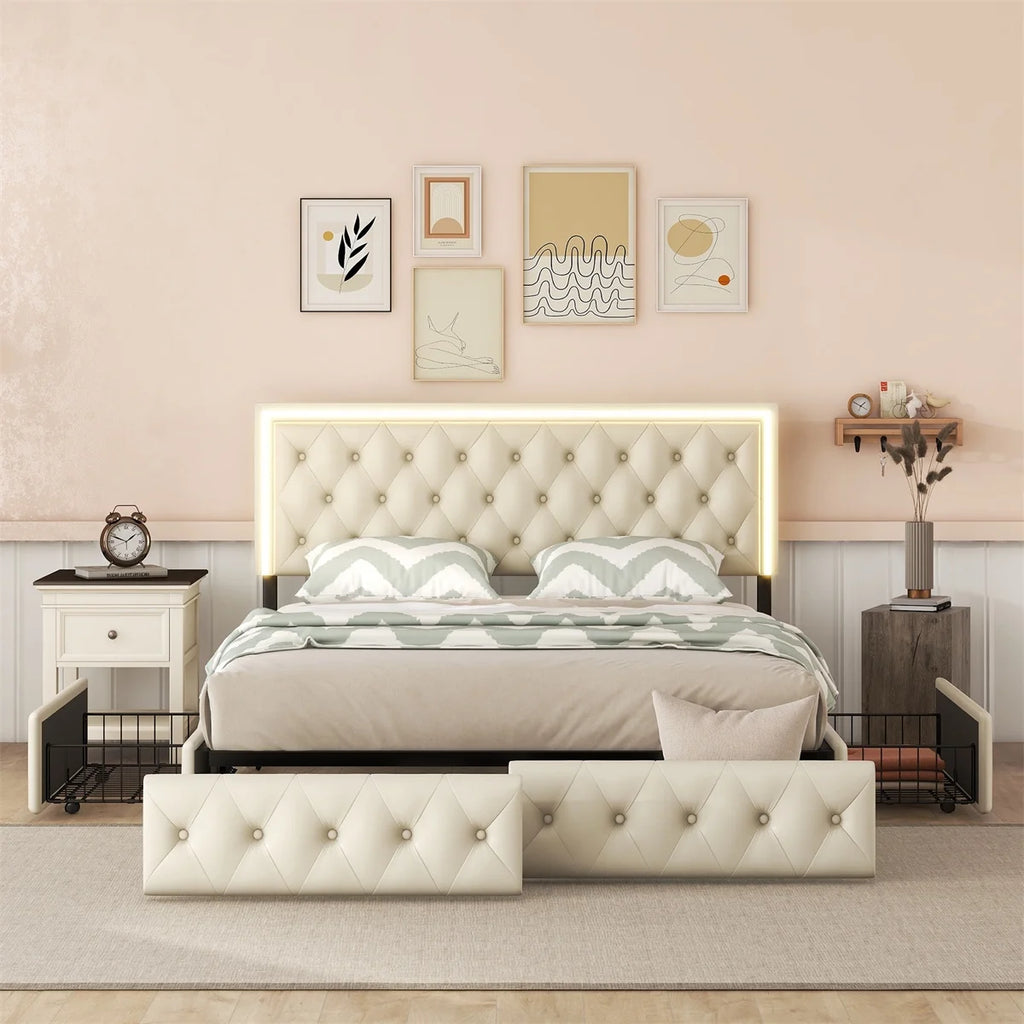 Beige Queen Upholstered Bed Frame with 4 Storage Drawers R292241