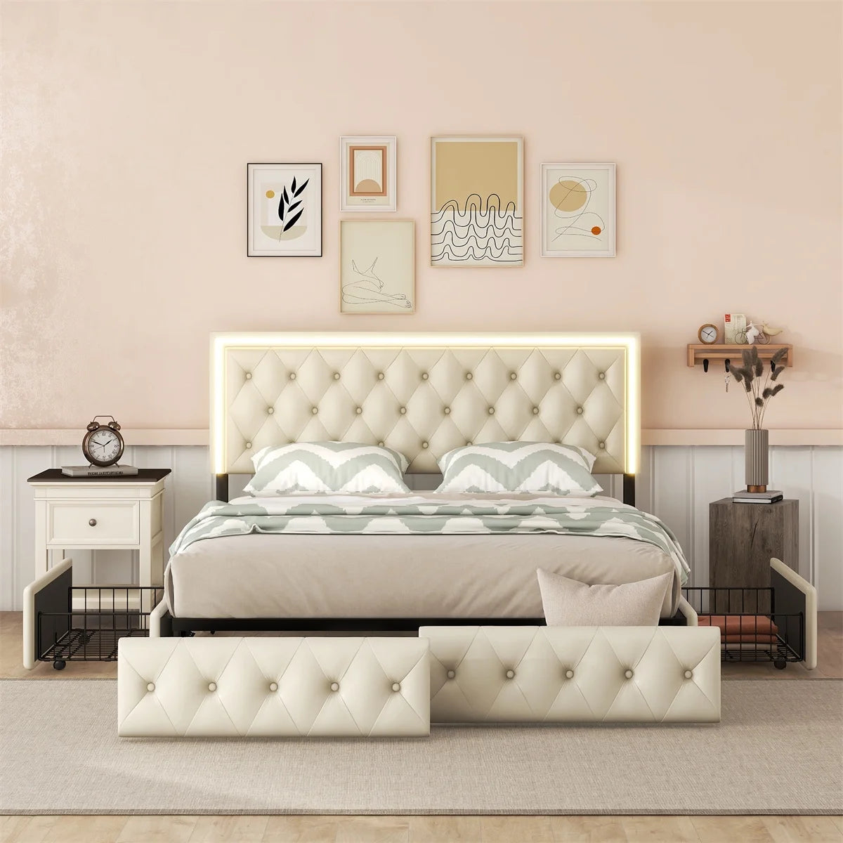 Beige Queen Upholstered Bed Frame with 4 Storage Drawers R292241
