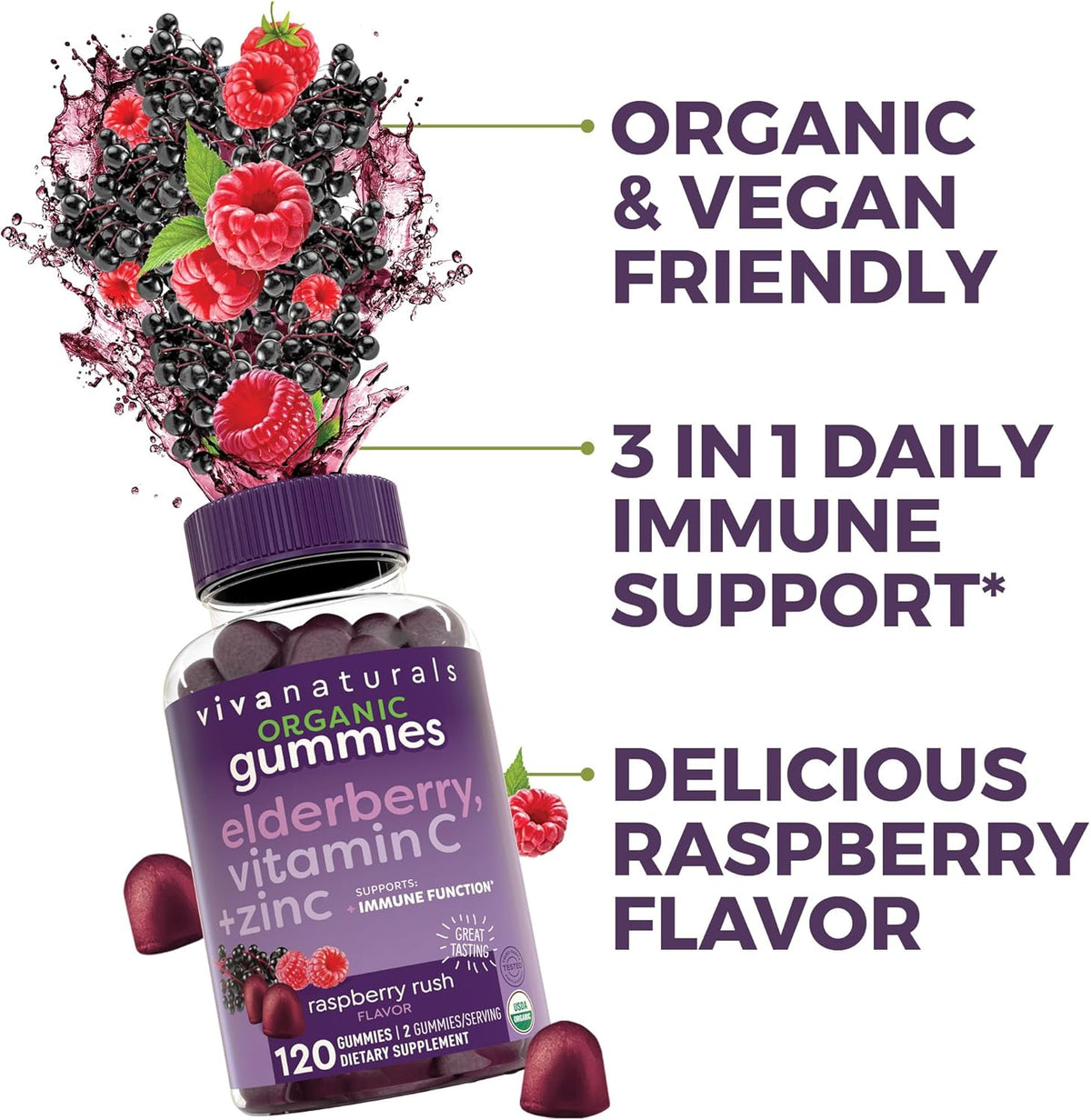 Organic Sambucus Elderberry Gummies with Zinc and Vitamin C (120 Count) M5018