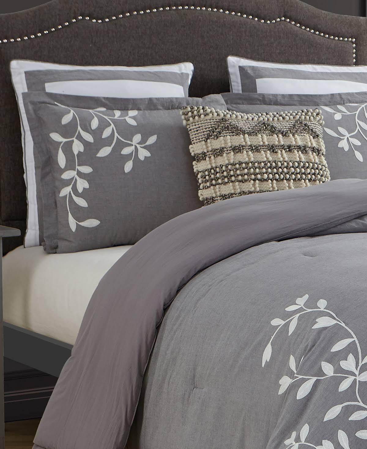 Queen Grey Chambray Cotton Comforter Set E524438