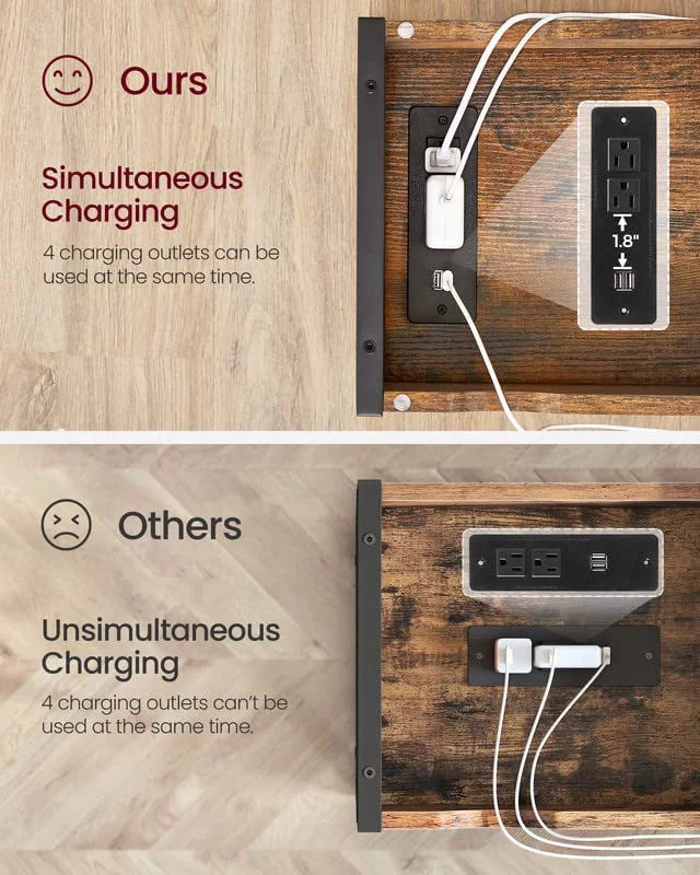 End Table with Charging Station and USB Ports Rustic Brown Black Y344
