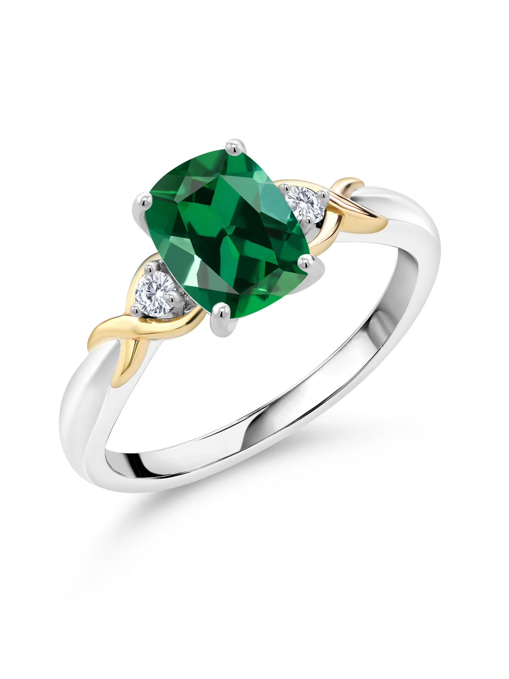2 Tone 10K Yellow Gold and 925 Sterling Silver Green Created Emerald and White Lab Grown Diamond Engagement Ring X4297