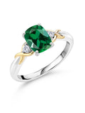 2 Tone 10K Yellow Gold and 925 Sterling Silver Green Created Emerald and White Lab Grown Diamond Engagement Ring X4297