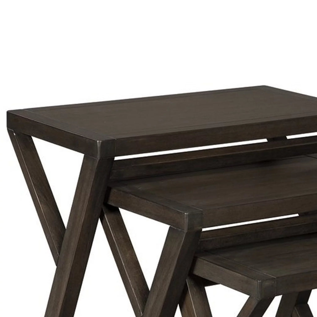 Wooden Nesting Accent Table with Geometric Design Base, Set of 3, Brown Z962793
