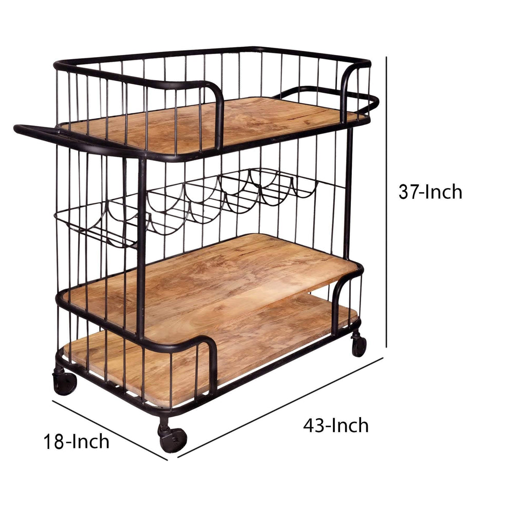 Black and Brown Metal Frame Bar Cart with Wooden Top and 2 Shelves A753672