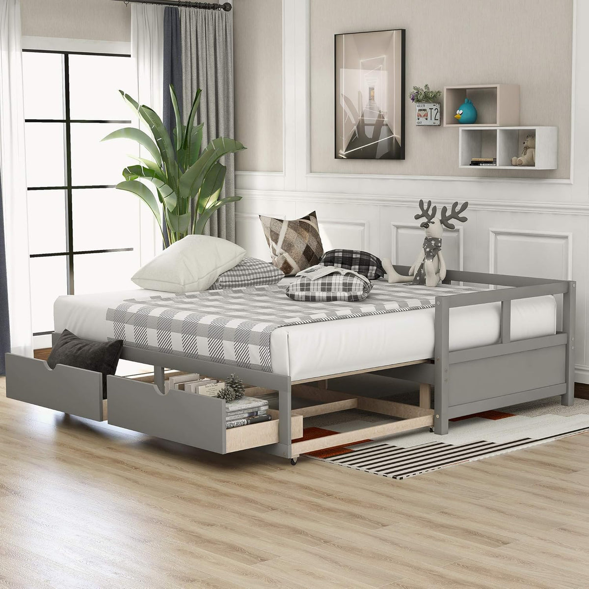 Grey Wooden Daybed with Trundle Bed and Two Storage Drawers N833686