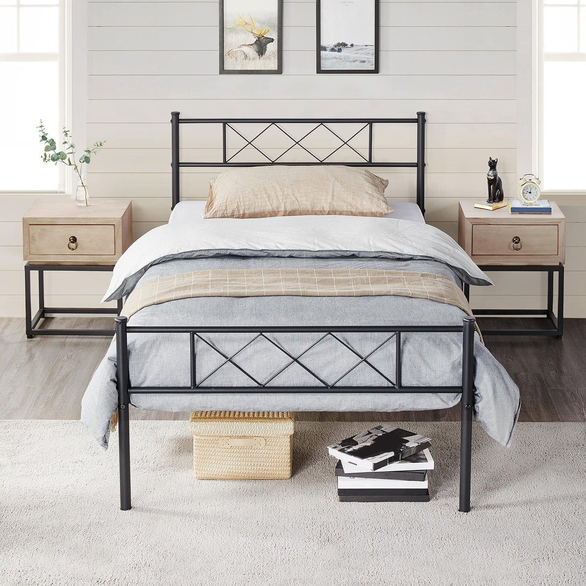 Black Twin Metal Platform Bed Frame with Headboard and Footboard T128