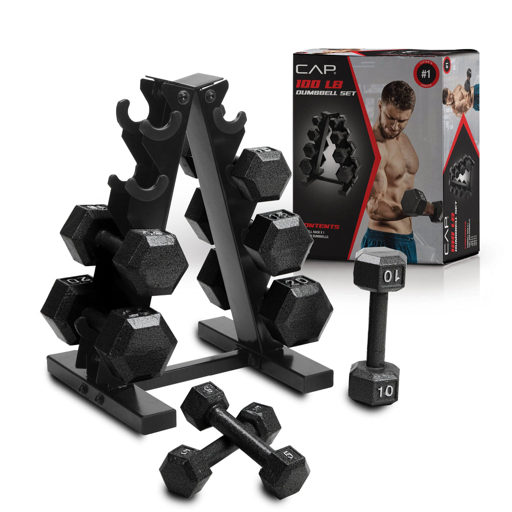 100 lb Cast Iron Hex Dumbbell Weight Set with Rack P574002